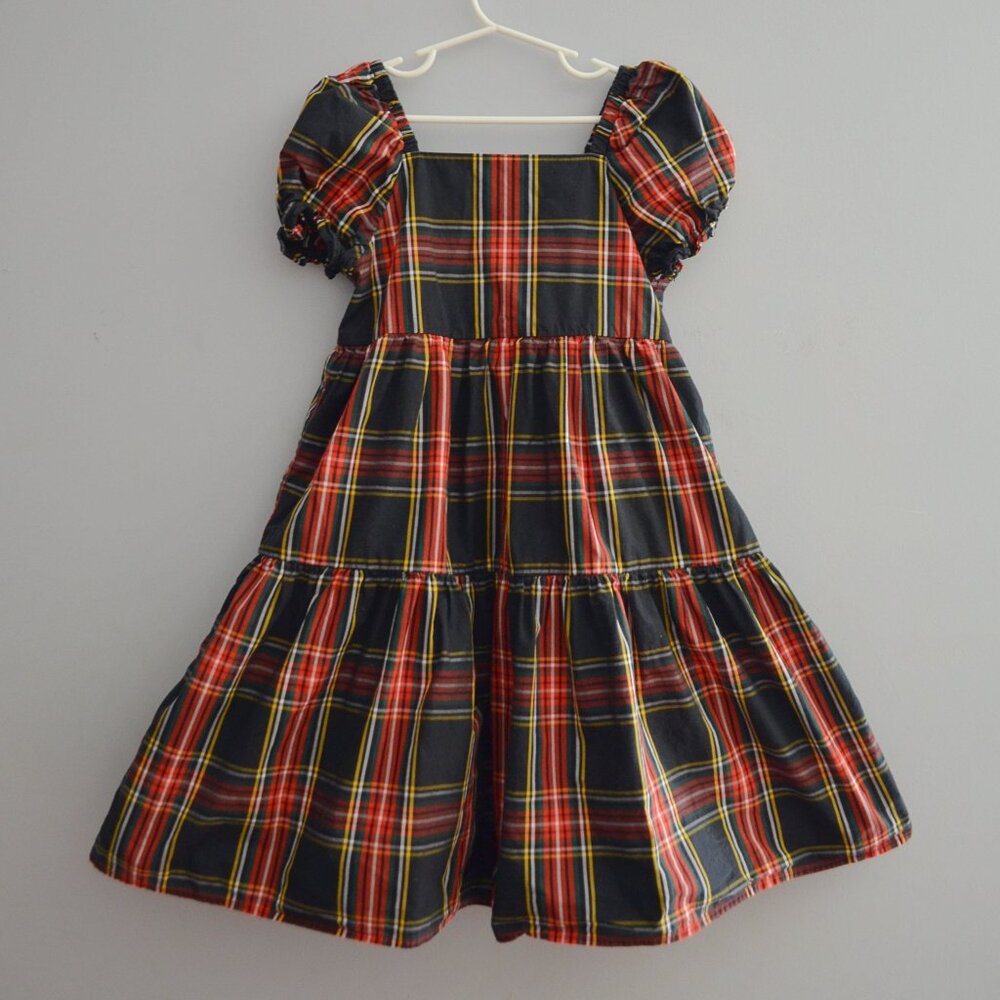 Crewcuts Square Neck Tiered Dress in Black Stewart Tartan Plaid Size 8